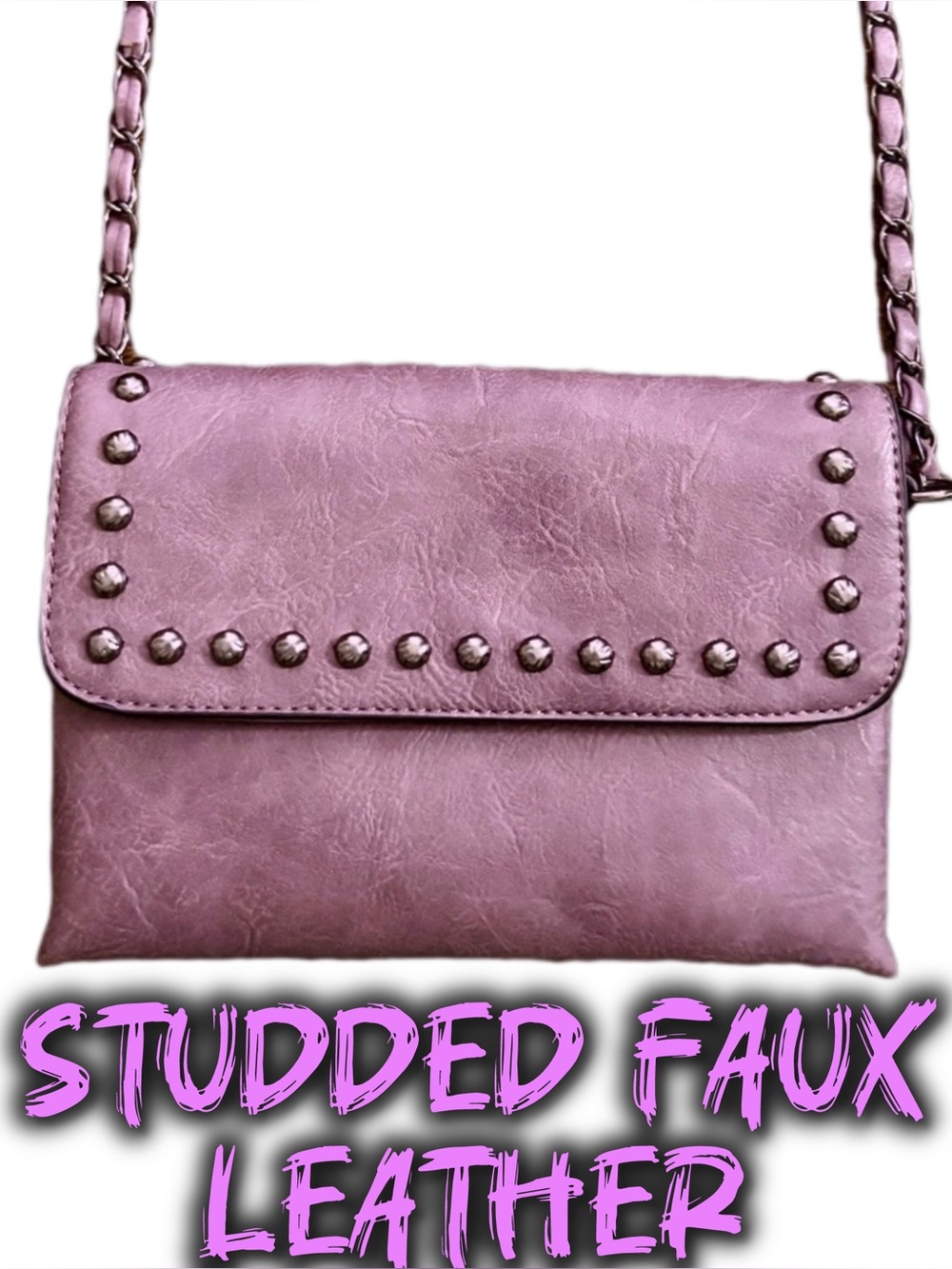 Plum Studded Faux Leather Flap Shoulder Bag Purse with Crossbody Strap